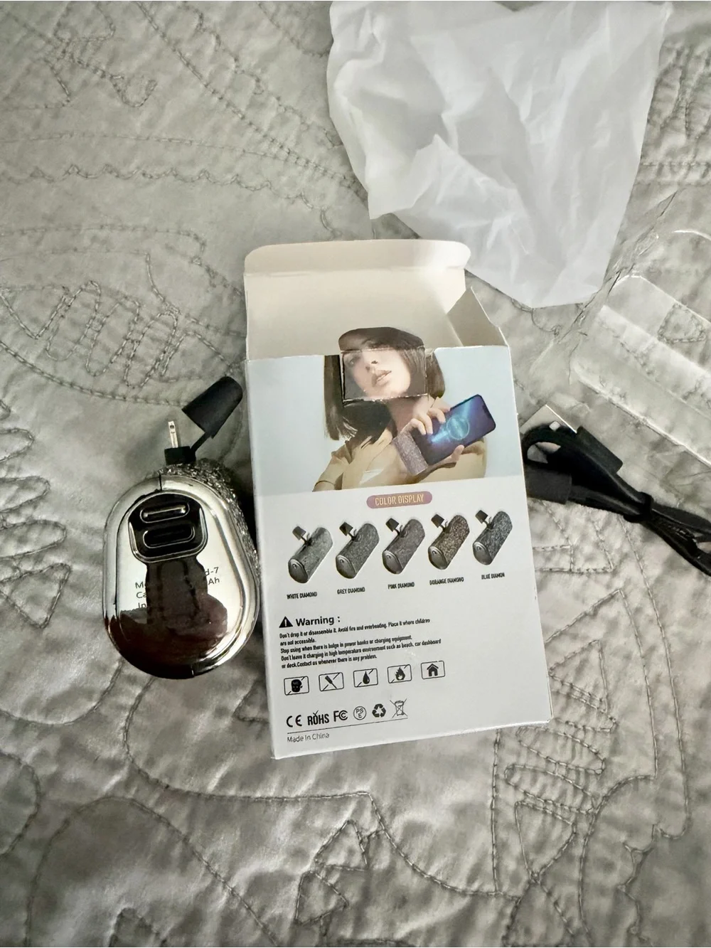 Glitter Rhinestone Portable Phone Charger - Silver
